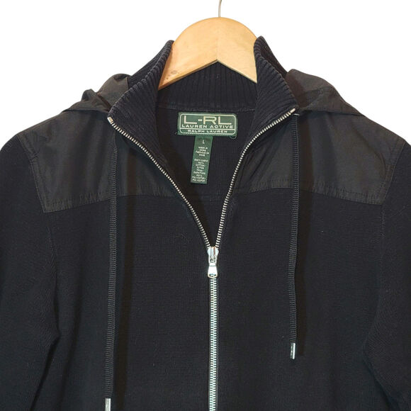 Ralph Lauren L-RL Active Hooded Zip Sweater Black Sporty Casual Fall Layer Large - Picture 2 of 10